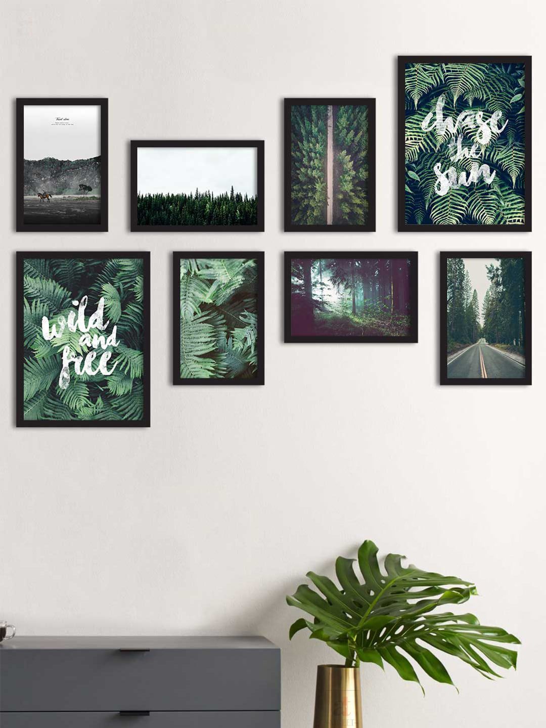 Art Street Set Of 8 Green & Black Floral & Botanical Printed Wall Art Price in India