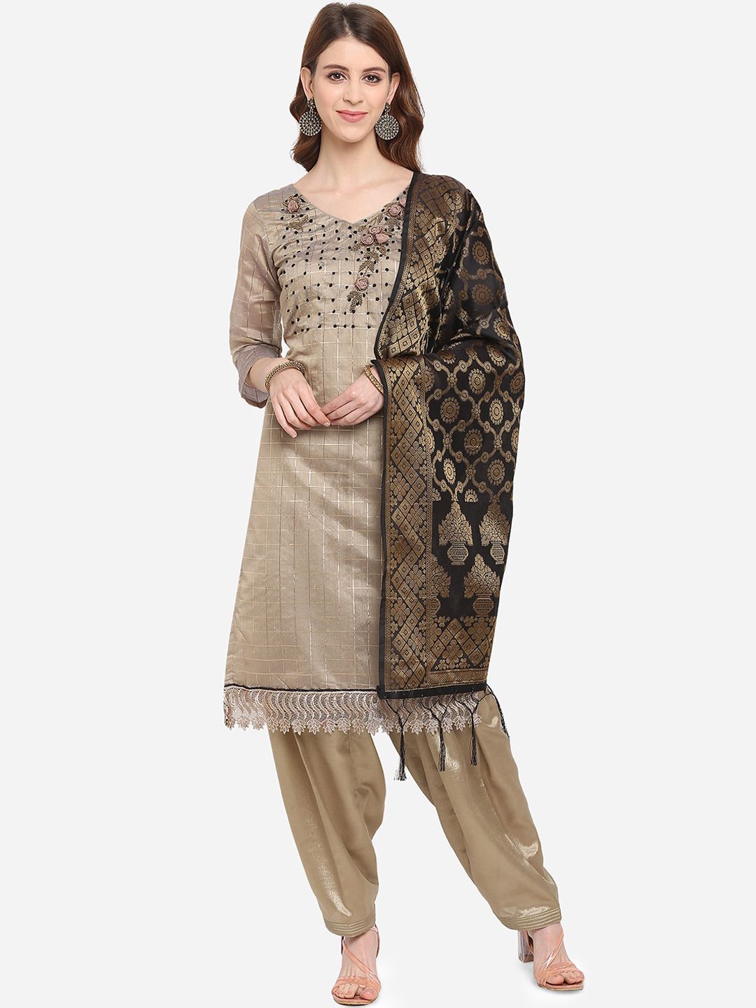 Ethnic Junction Gold-Coloured & Black Floral Embroidered Unstitched Dress Material Price in India
