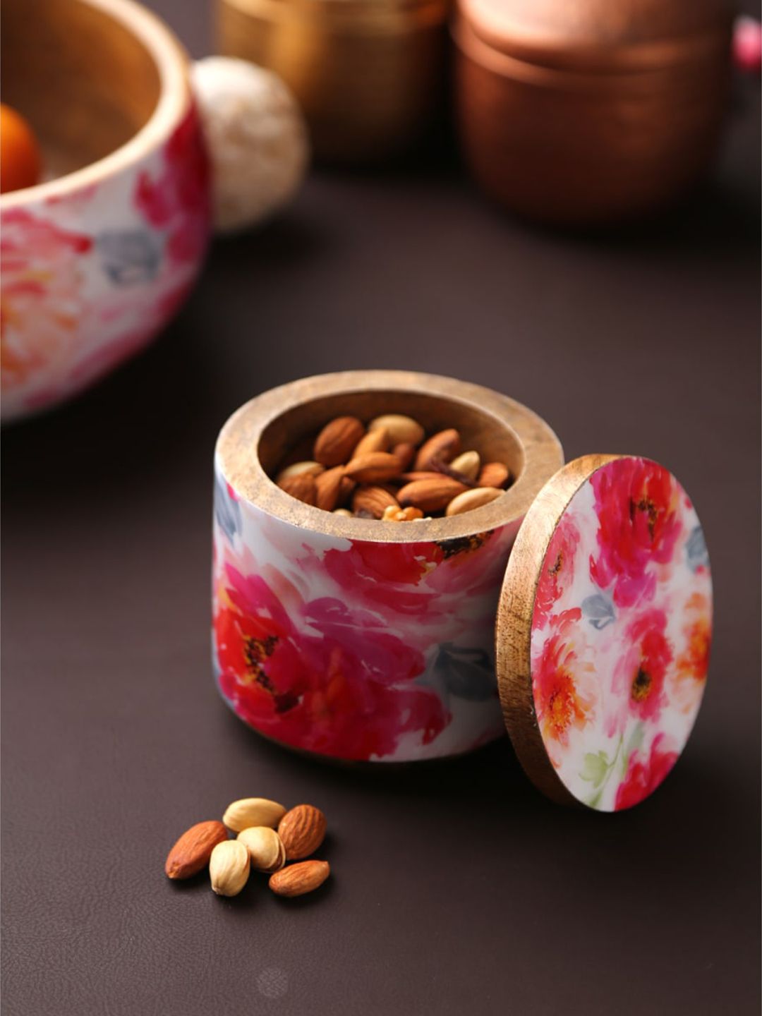Amoliconcepts White & Pink Floral Patterned Wooden Jar Price in India