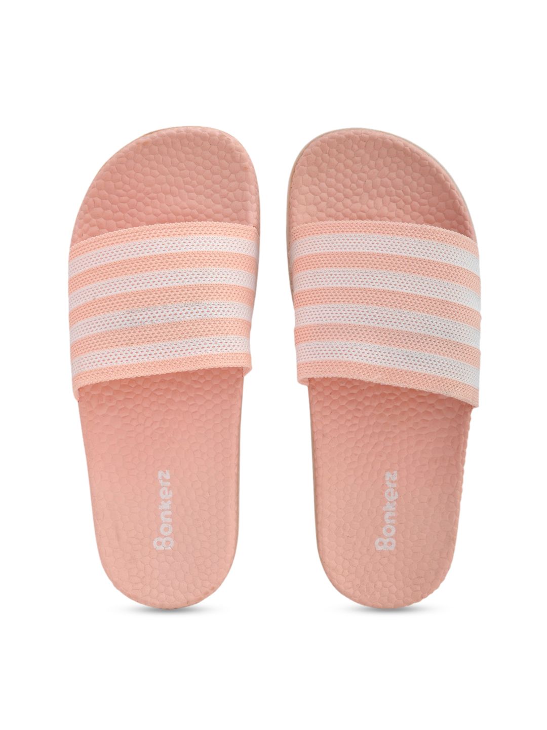 Bonkerz Women Peach-Coloured & White Striped Sliders Price in India