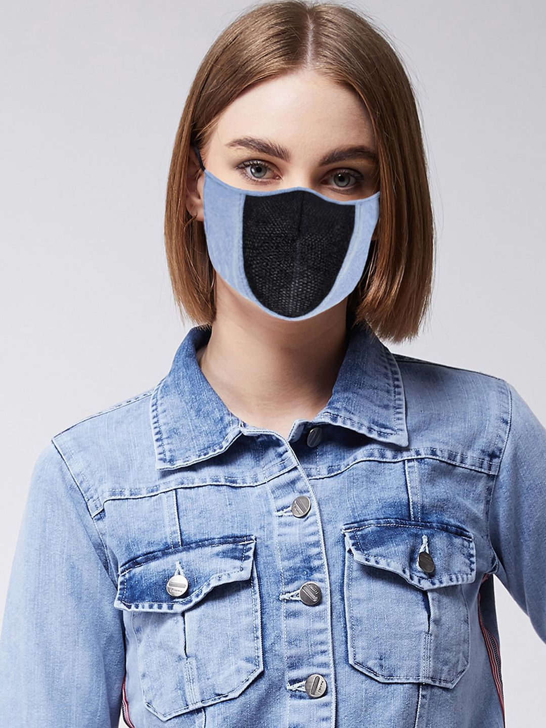 Miss Chase Women Blue & Black 7-Ply Denim Mesh U-Paneled Protective Outdoor Mask Price in India