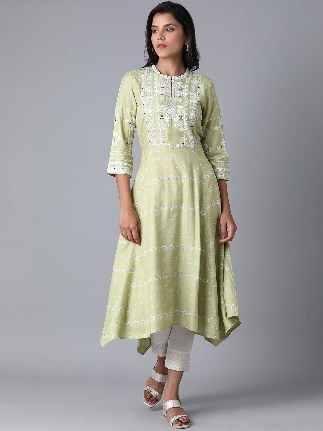W Women Green Geometric Printed Flared Sleeves Kurta Price in India