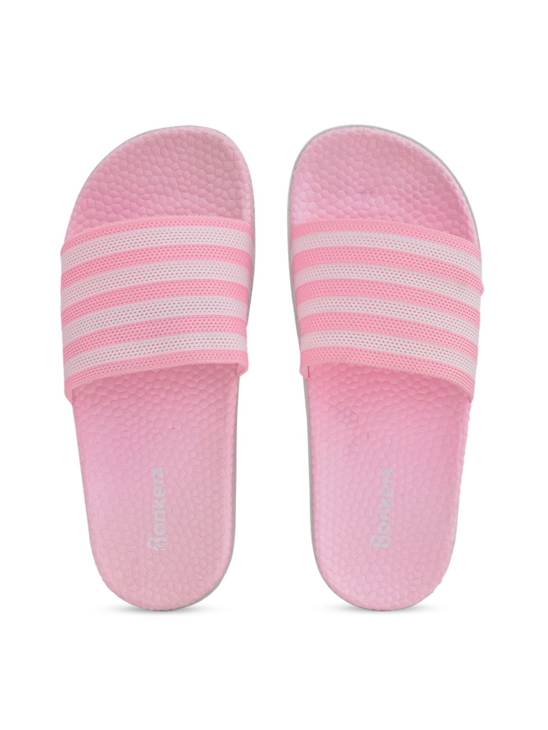 Bonkerz Women Pink & White Striped Sliders Price in India