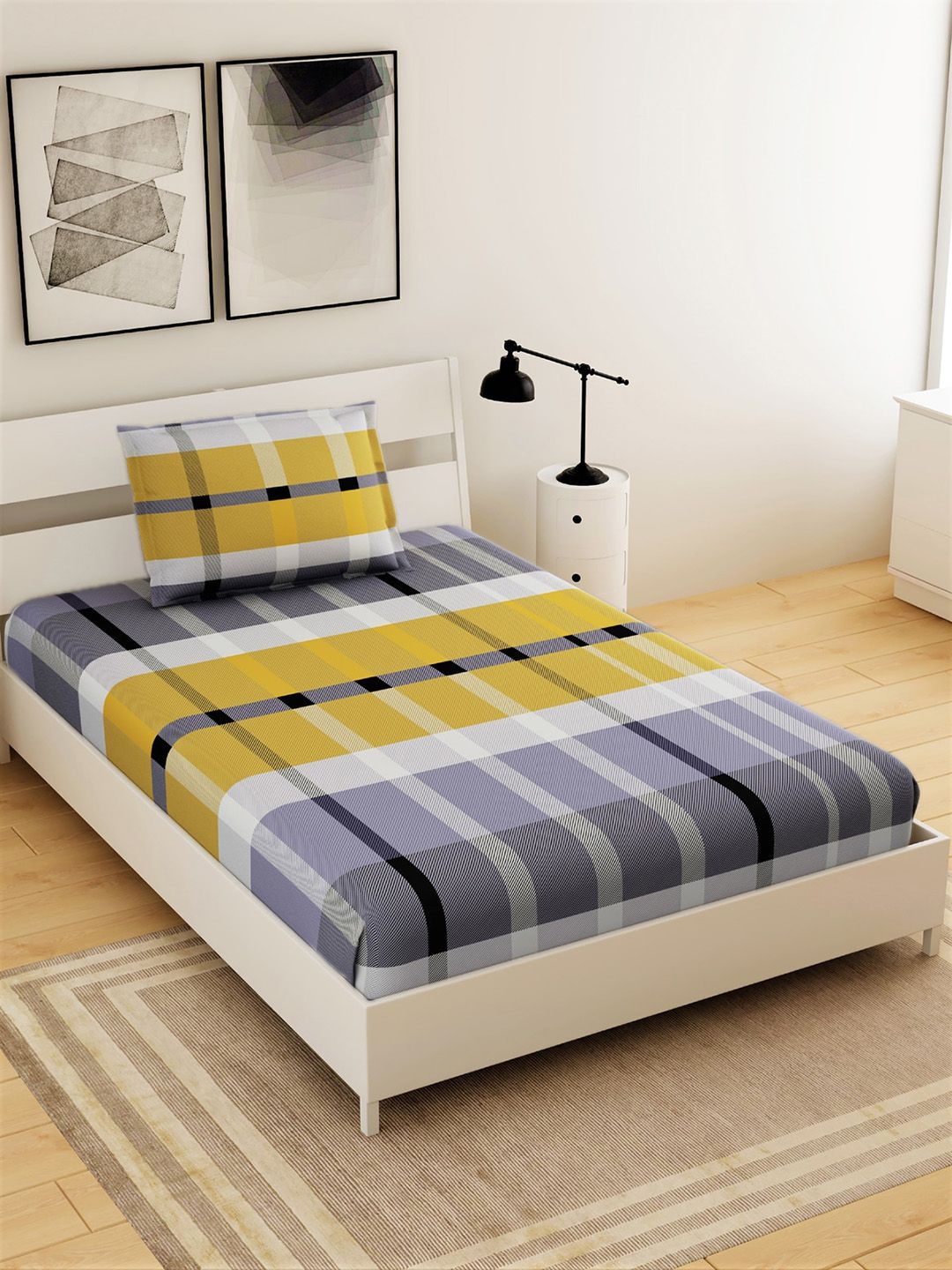 Salona Bichona Grey & Yellow Geometric 144 TC Polyester 1 Single Bedsheet with 1 Pillow Covers Price in India