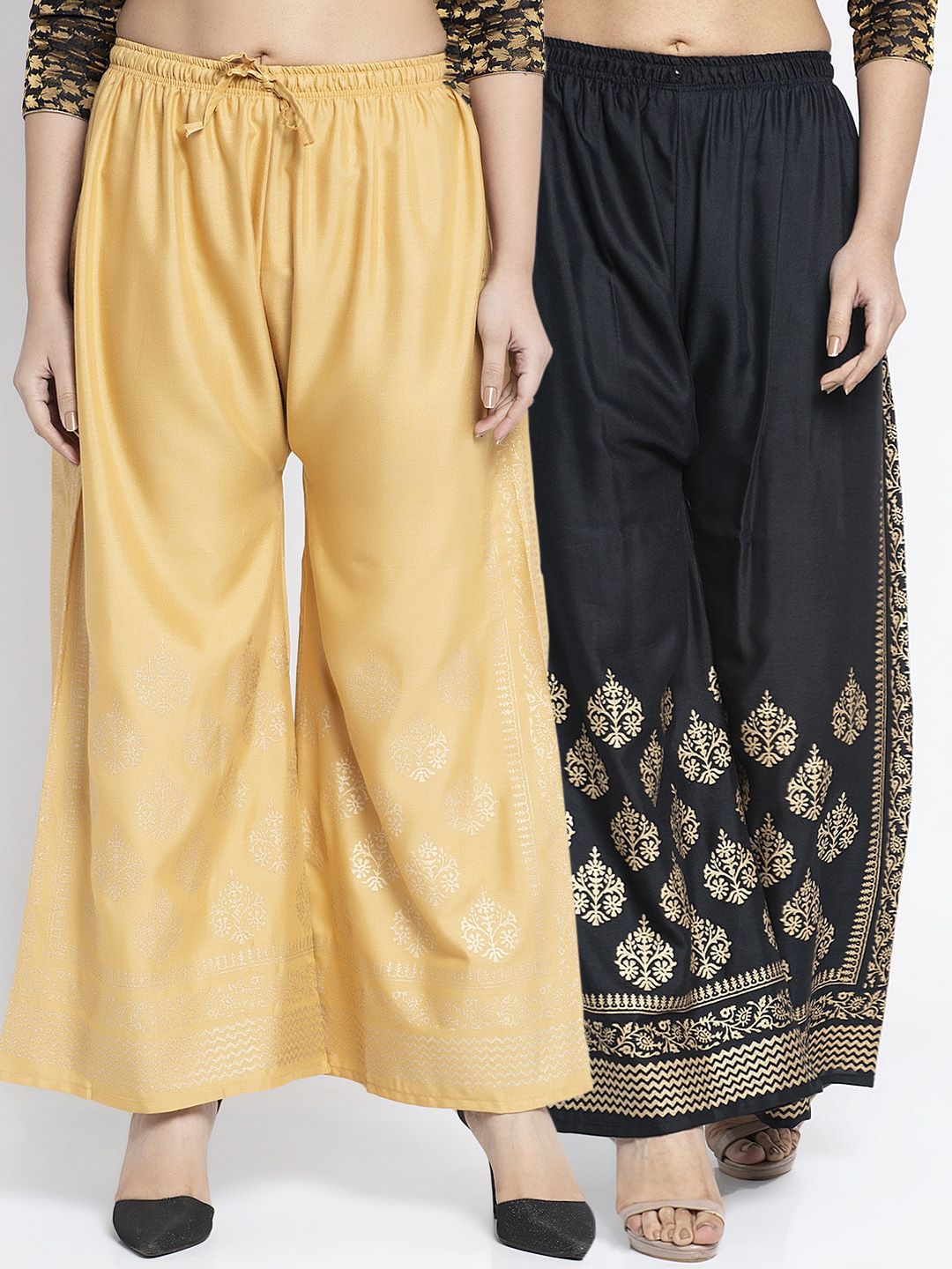 GRACIT Women Pack Of 2 Black & Beige Hem Design Flared Palazzos Price in India