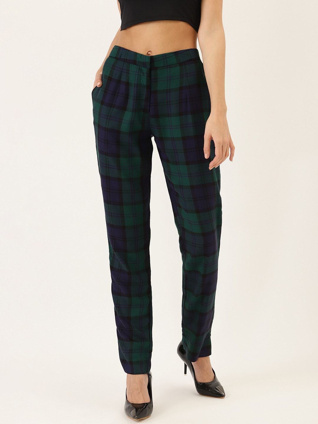 Cottinfab Women Green Straight Fit Checked Regular Trousers Price in India