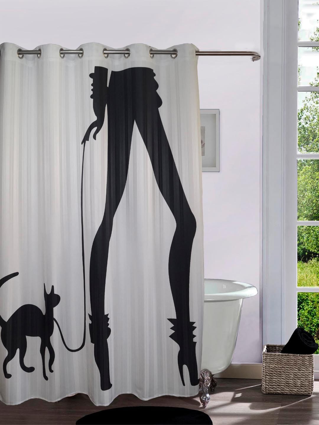 Lushomes Off-White & Black Digitally Printed Cat Woman Shower Curtain with 10 Eyelets Price in India