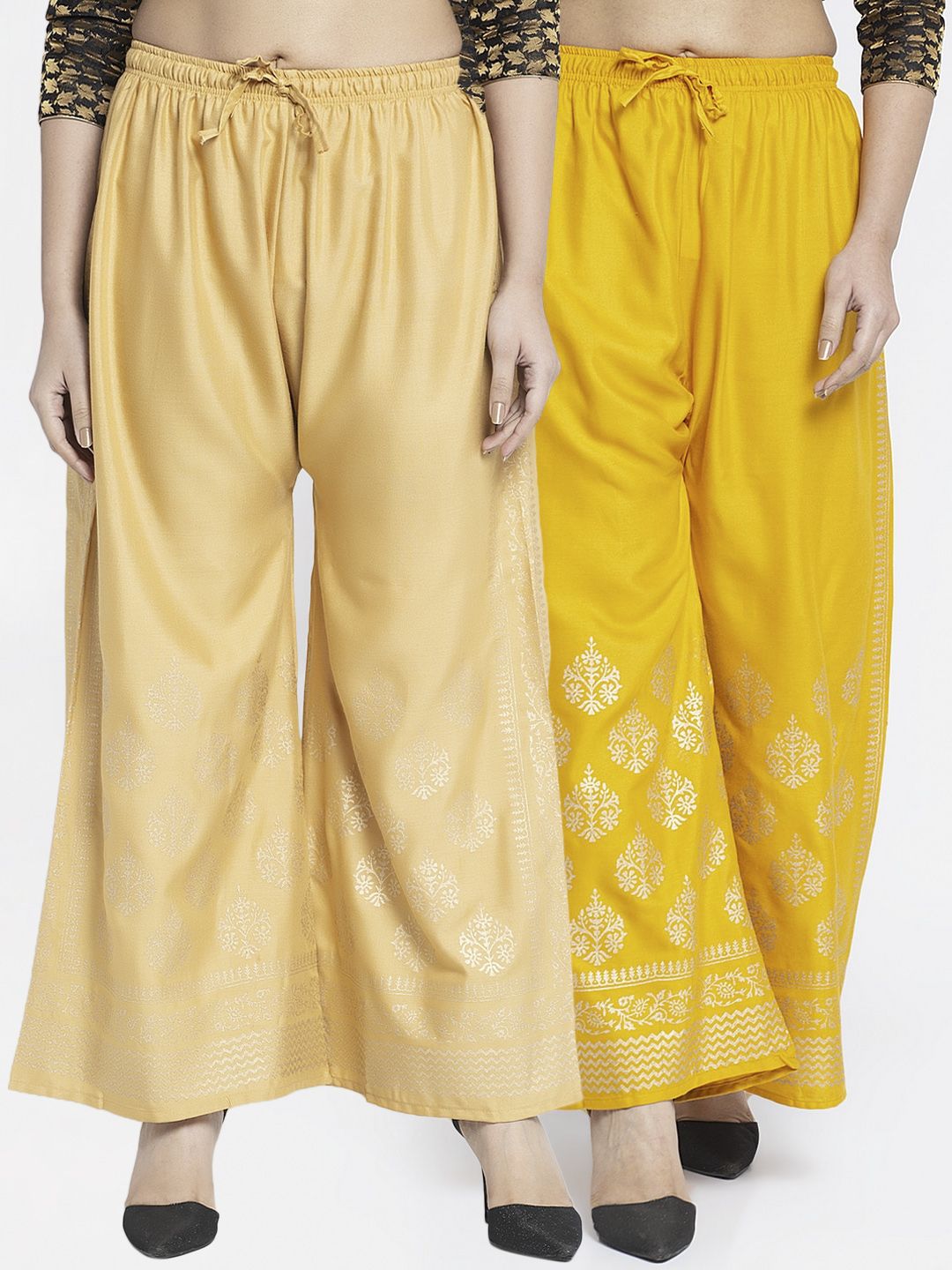 GRACIT Women Pack of 2 Yellow & Beige Printed Wide Leg Palazzos Price in India