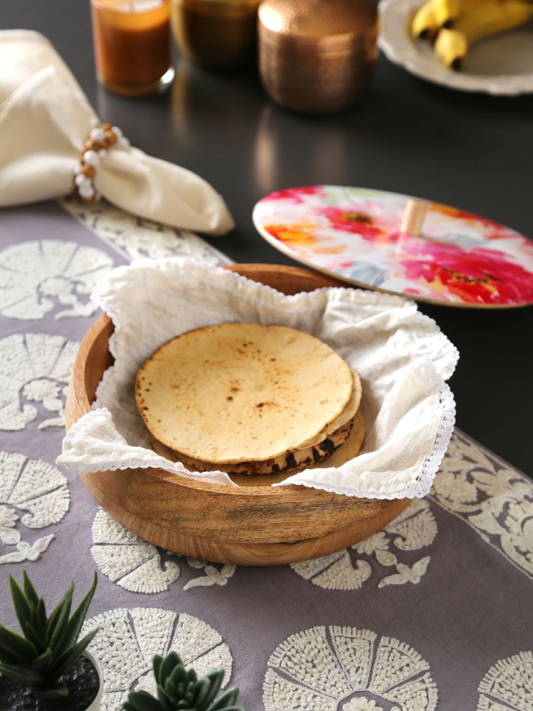 Amoliconcepts Brown & White Floral Printed Enamelled Wooden Sustainable Roti Box With Lid Price in India