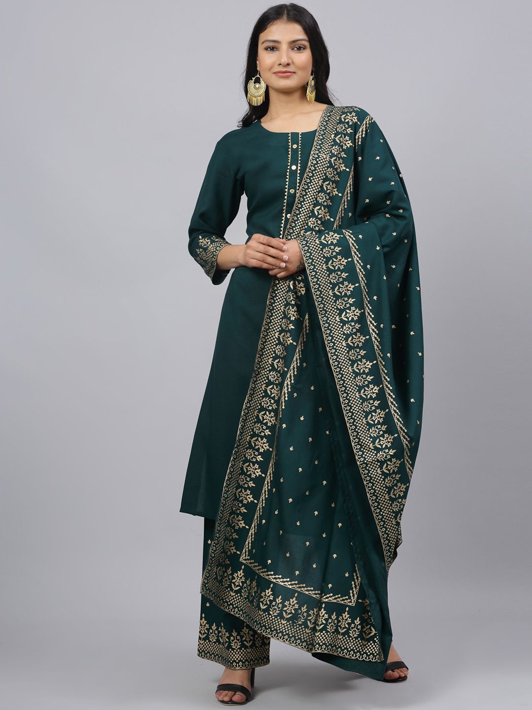 ANAISA Women Green & Gold-Toned Yoke Design Kurta with Palazzos & Dupatta Price in India