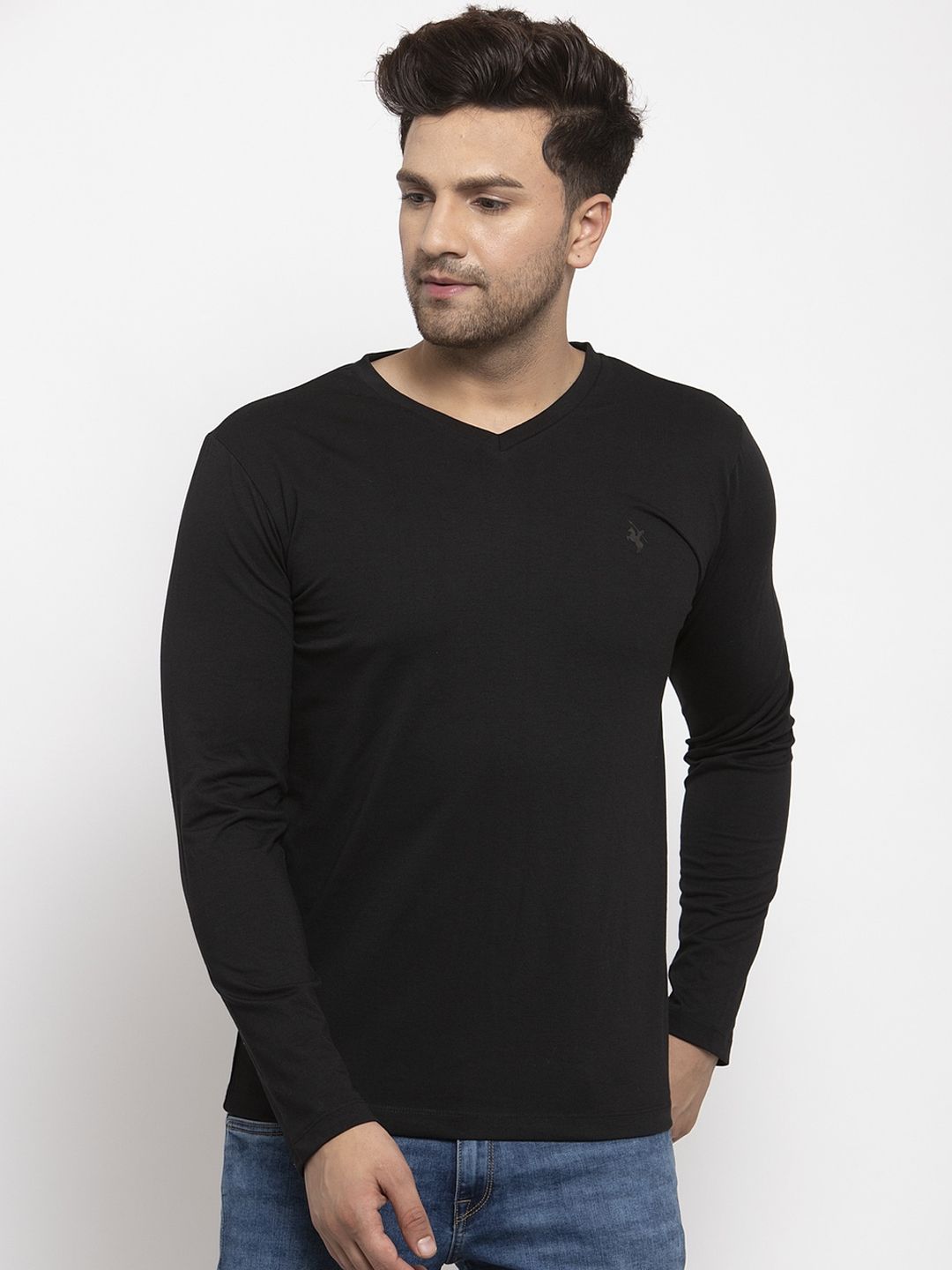 Cantabil Men Black Solid V-Neck T-shirt