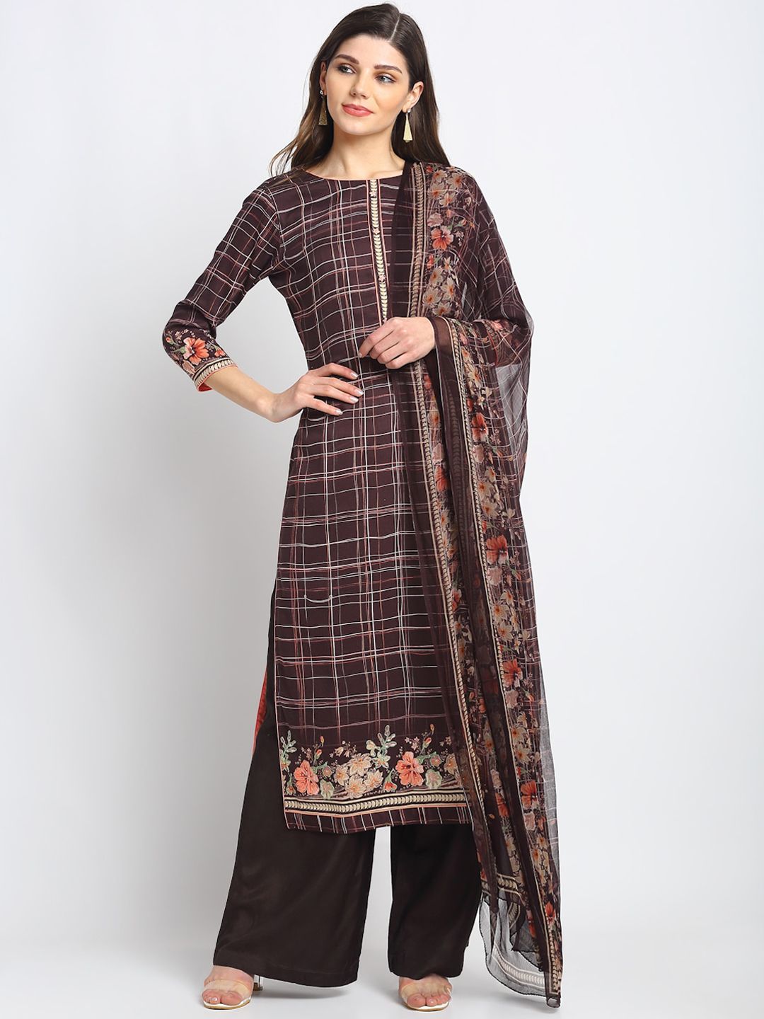 Stylee LIFESTYLE Brown & Peach-Coloured Cotton Blend Unstitched Dress Material Price in India