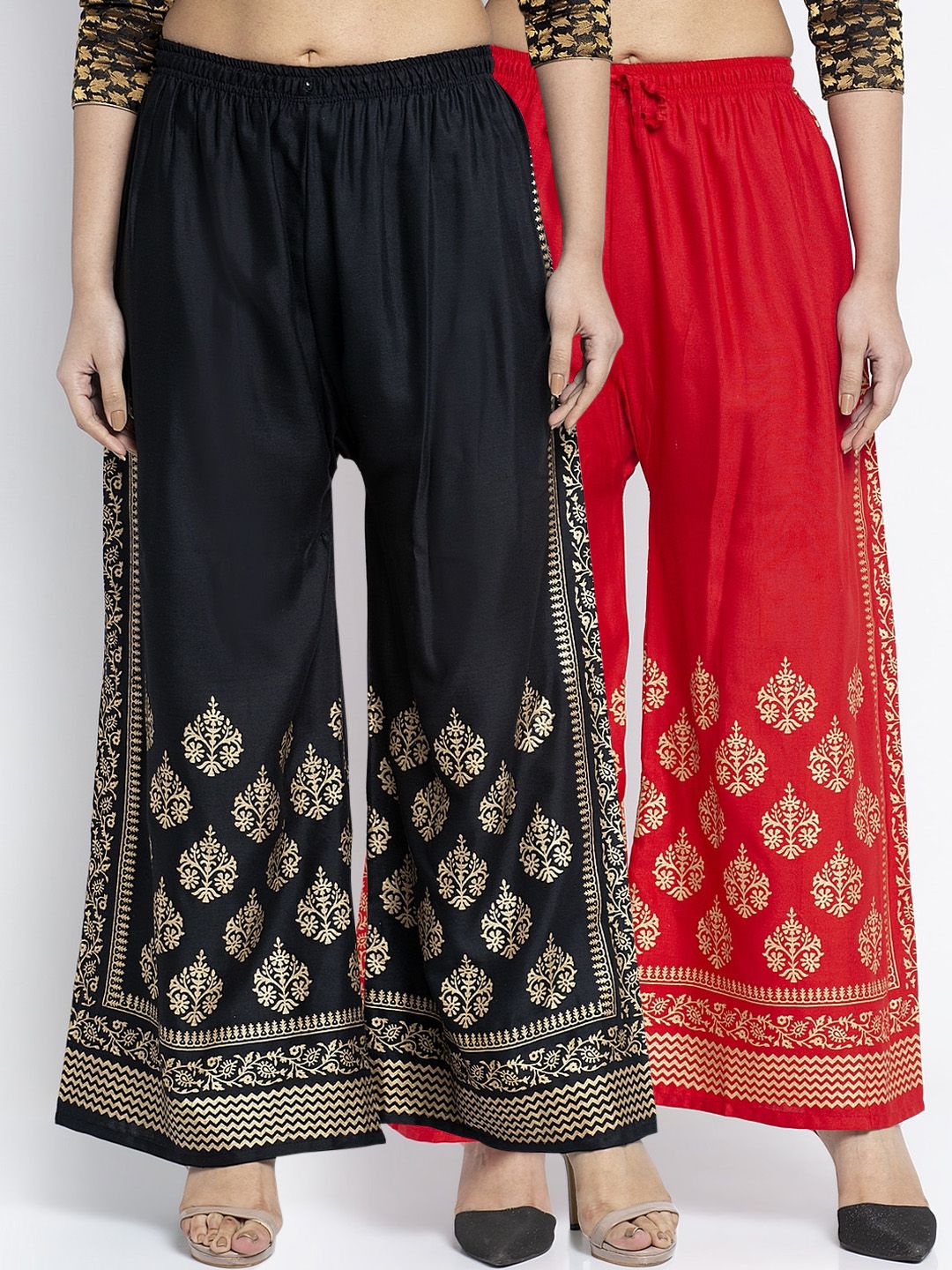 GRACIT Women Pack of 2 Black & Red Hem Design Wide Leg Palazzos Price in India