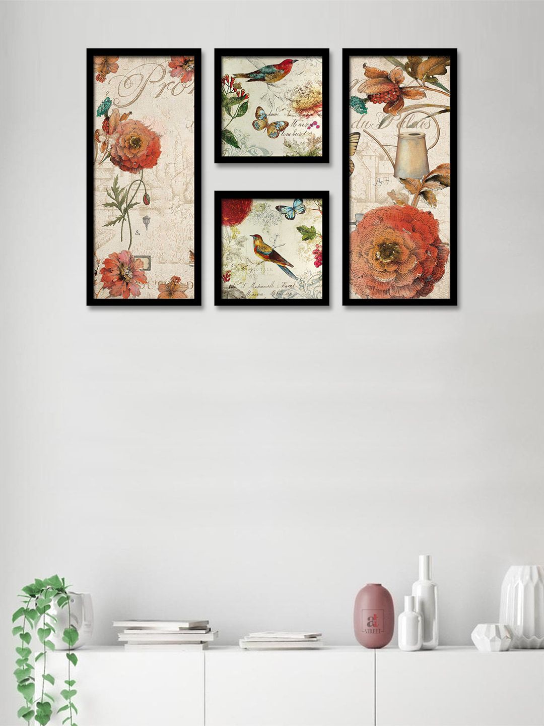 Art Street Set Of 4 Orange & Beige Flower & Birds Painted Framed Wall Art Price in India