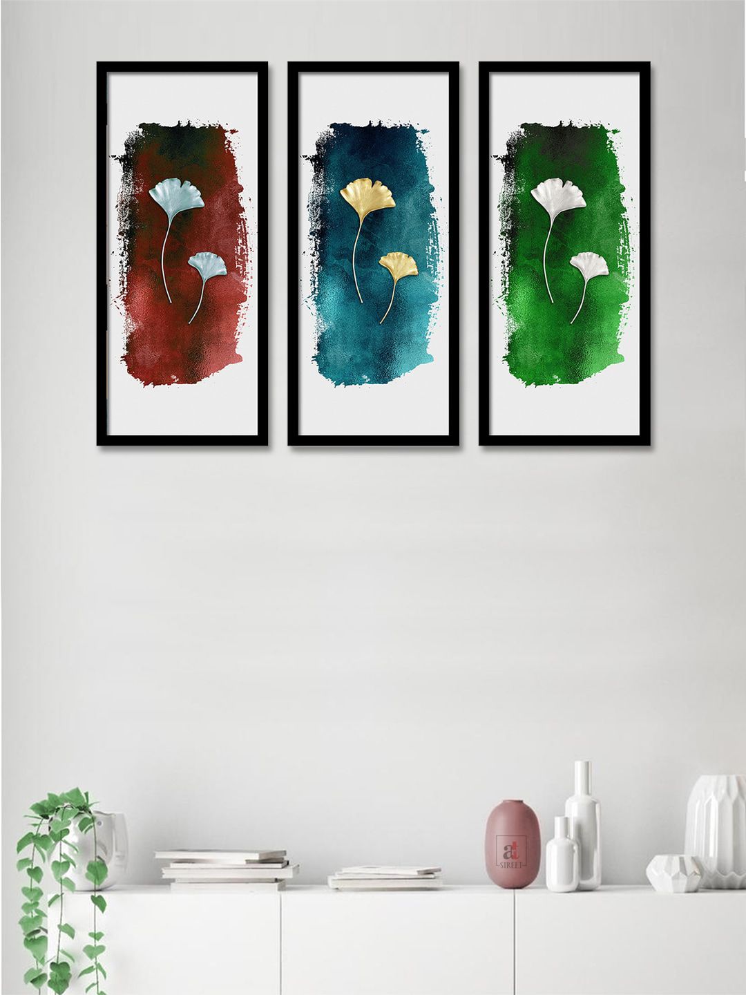 Art Street Set Of 3 Green & Blue Floral & Botanical Printed Framed Wall Art Price in India