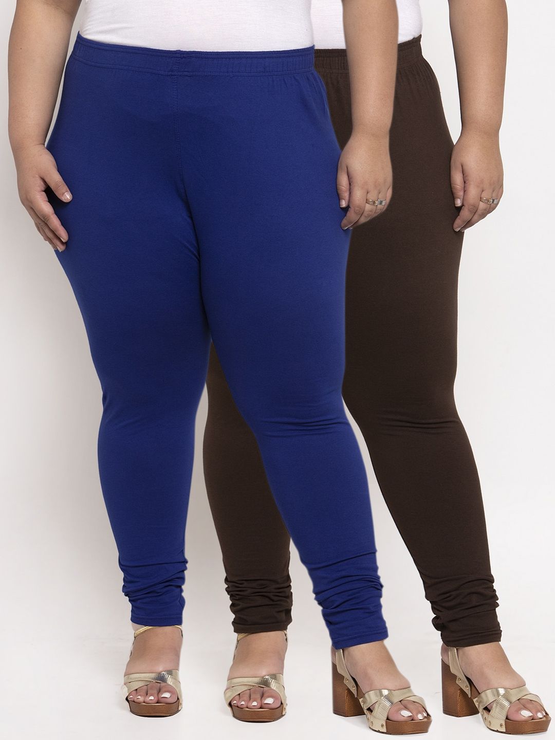TAG 7 PLUS Women Pack Of 2  Blue & Brown Solid Plus Size Ankle-Length Leggings Price in India