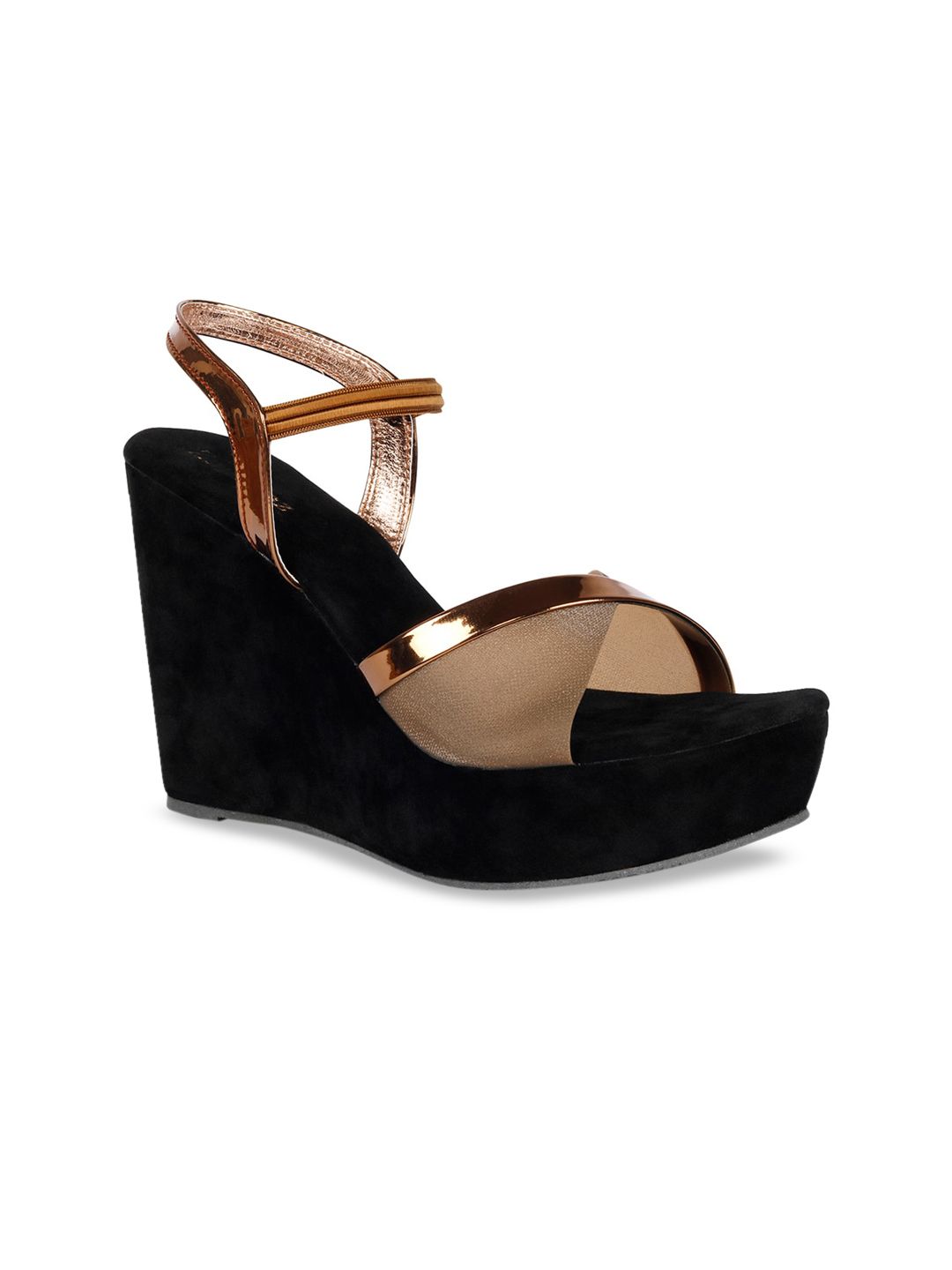 ZAPATOZ Women Black & Gold-Toned Colourblocked Wedges Price in India