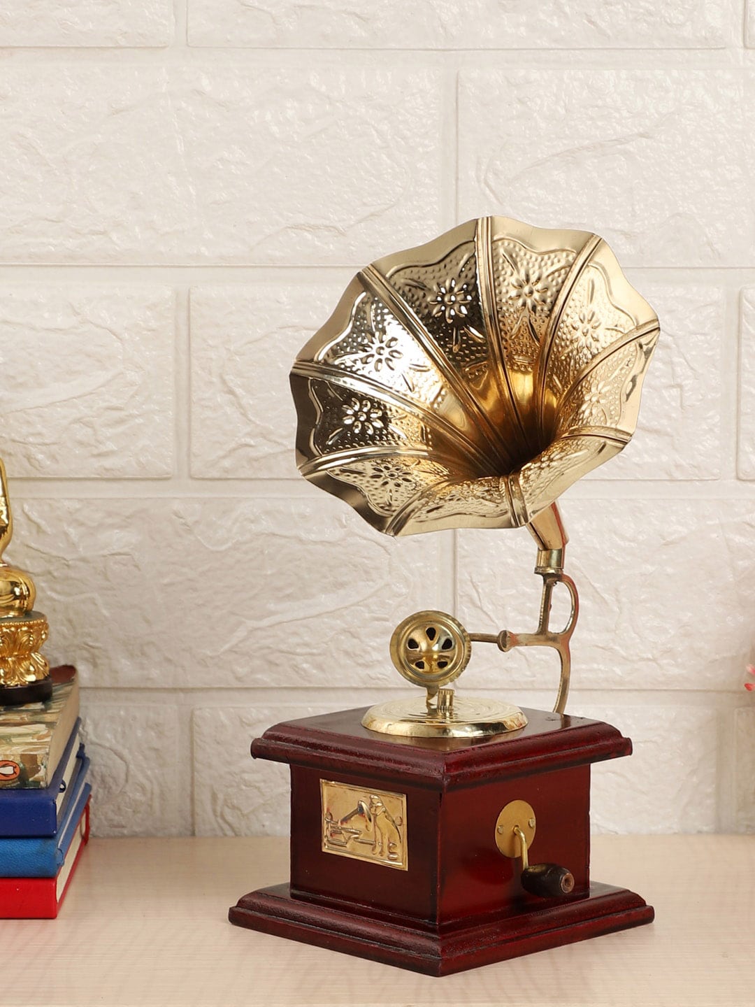 EXIM DECOR Gold-Toned & Brown Textured Wooden Base Gramophone Showpiece Price in India
