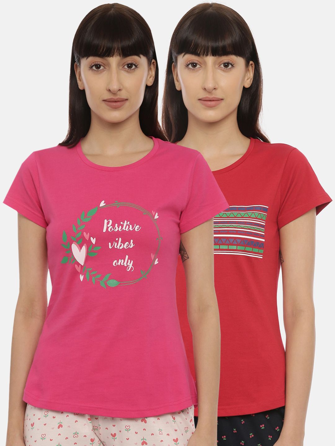 Curare Women Pack Of 2 Red & Pink Printed Lounge T-shirts Price in India