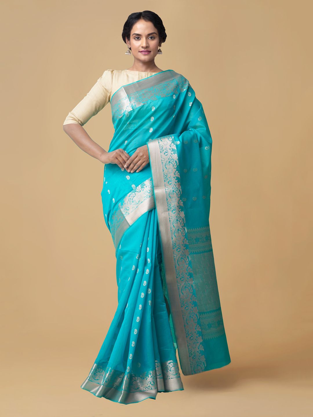 Unnati Silks Blue Silk Cotton Solid Baluchari Saree