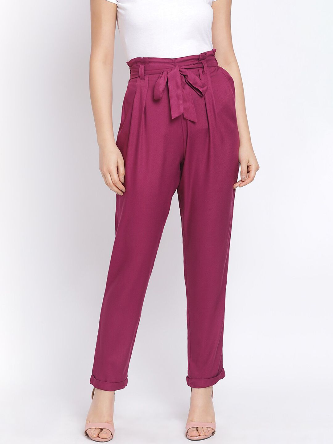 Oxolloxo Women Pink Regular Fit Solid Peg Trousers Price in India