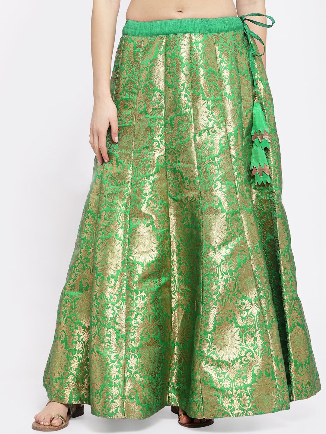 studio rasa Women Green & Gold-Coloured Floral Self Design Silk Flared Brocade Maxi Skirt