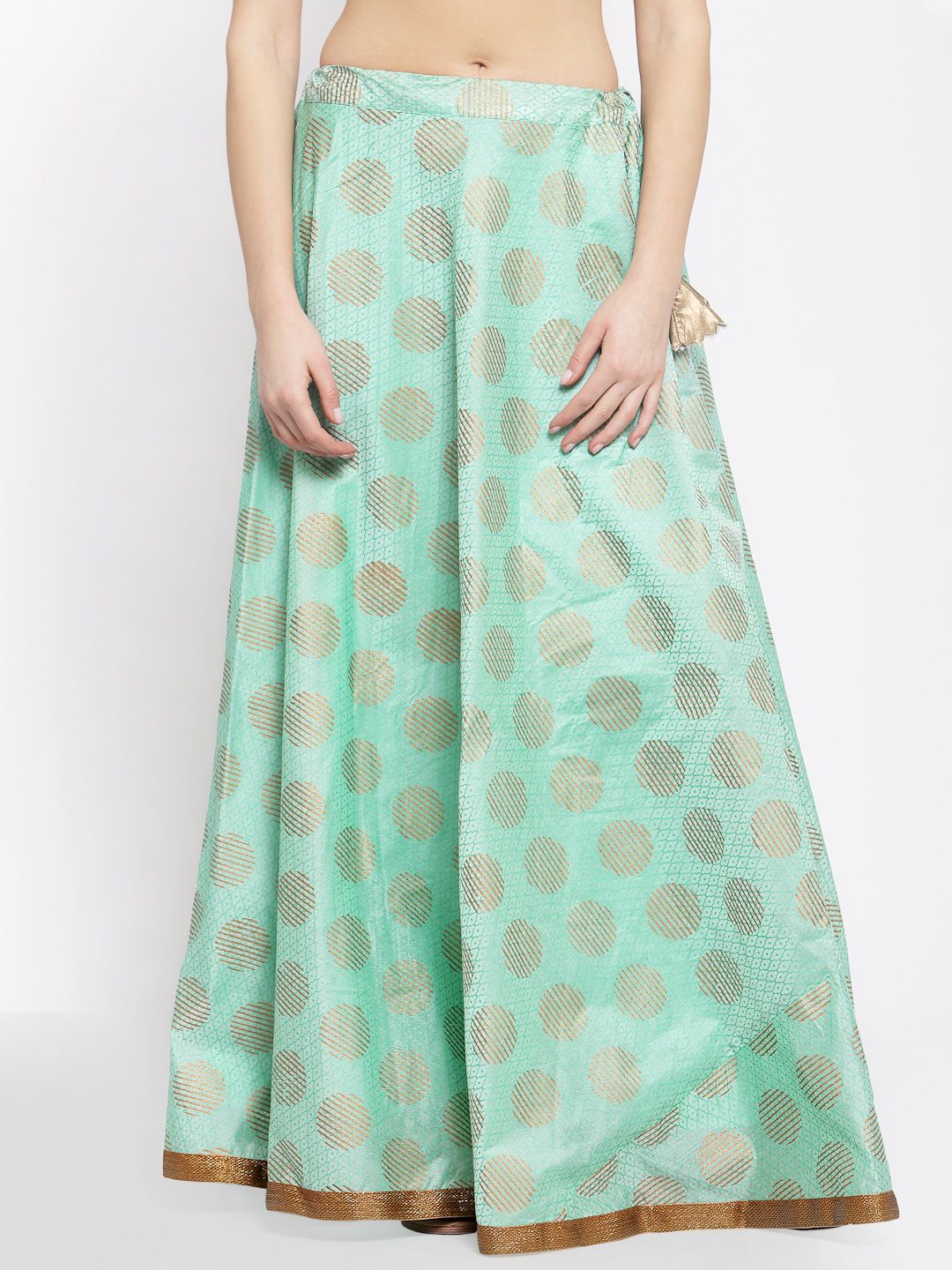 studio rasa Women Sea Green & Gold-Coloured Printed Flared Maxi Skirt