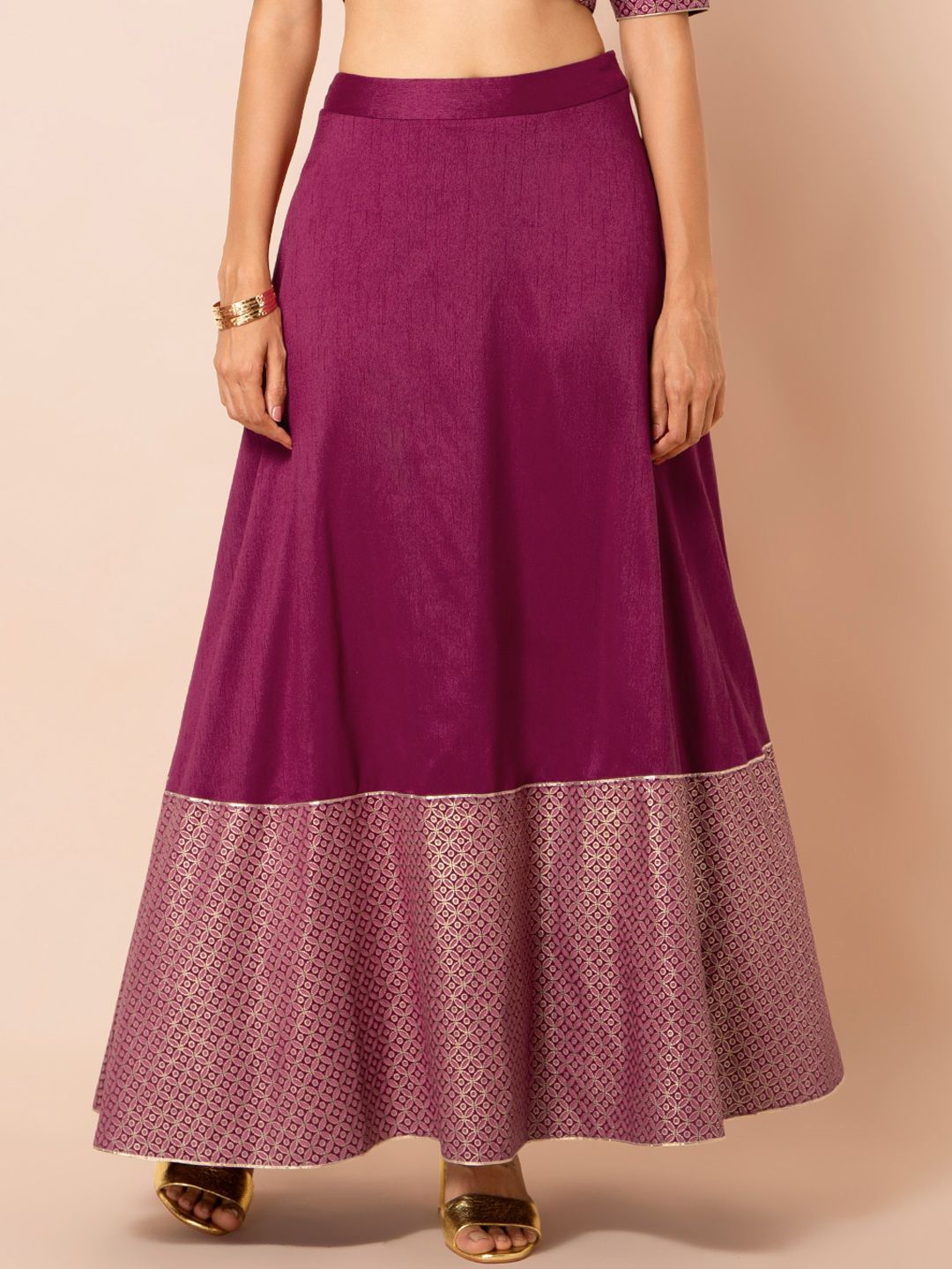 INDYA Women Burgundy & Gold-Coloured Foil Printed Flared Maxi Skirt