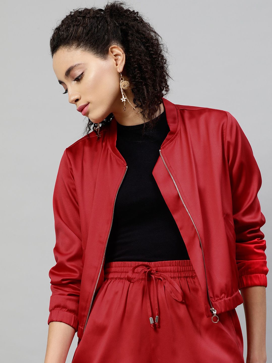 STREET 9 Women Red Solid Lightweight Bomber Jacket Price in India