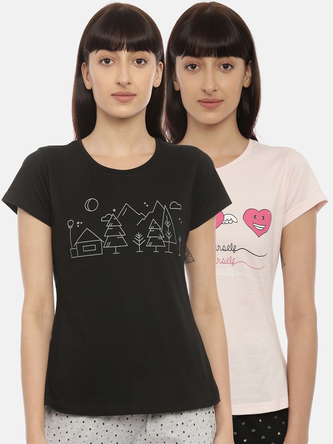 Curare Women Pack Of 2 Black & Pink Printed Lounge T-shirts Price in India