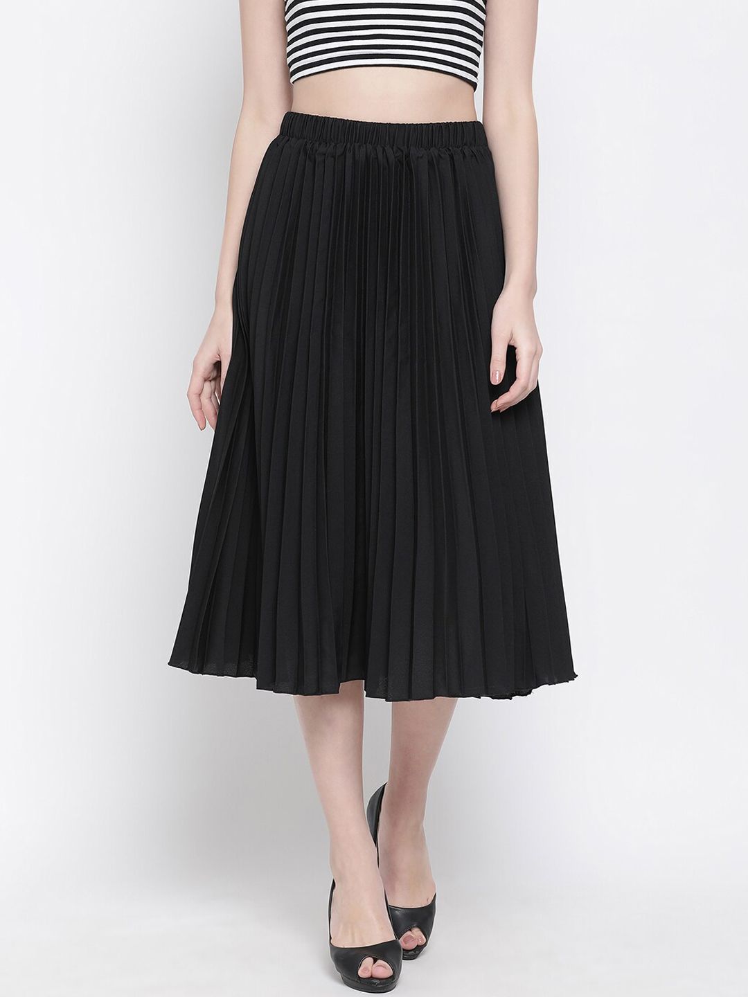 Oxolloxo Black Accordion Pleated A-Line Midi Skirt Price in India