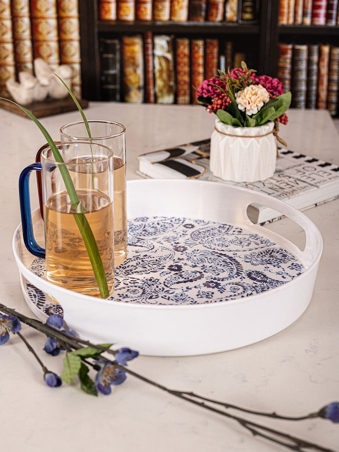 GOODHOMES White & Blue Printed Melamine Round Serving Tray Price in India