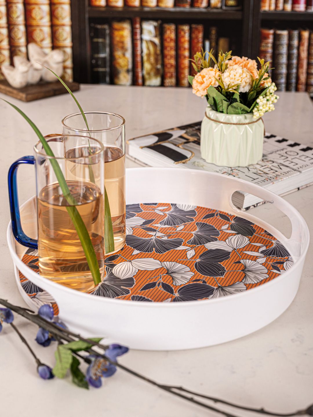 GOODHOMES White & Orange Printed Melamine Round Serving Tray Price in India