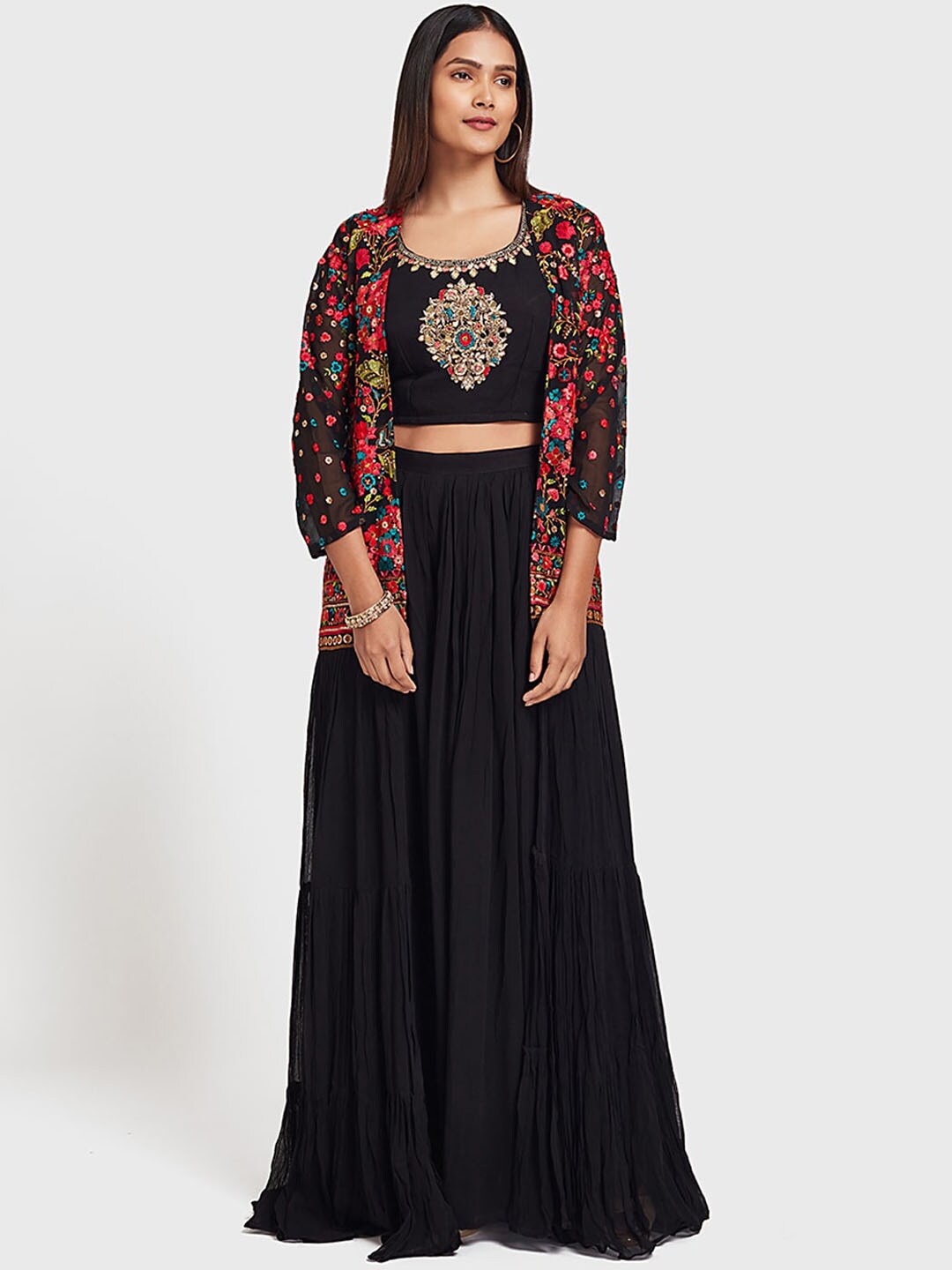 Neerus Women Black & Red Embellished Top with Skirt Price in India