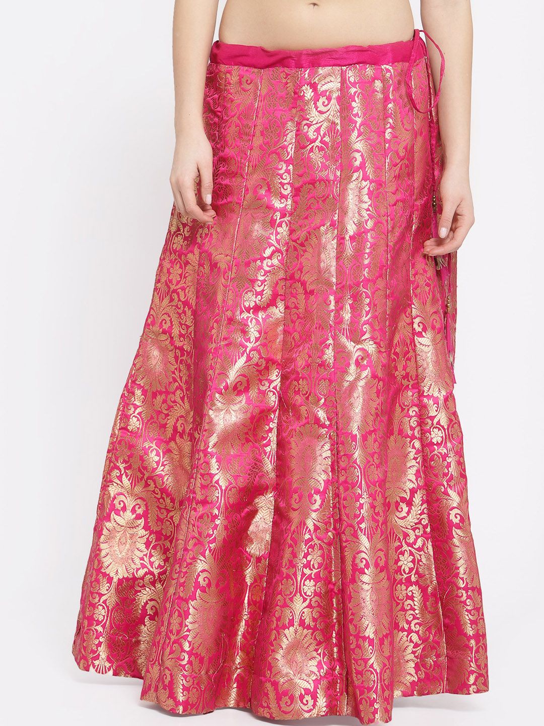 studio rasa Women Fuchsia Pink & Gold-Coloured Self-Design Pure Silk Flared Maxi Skirt