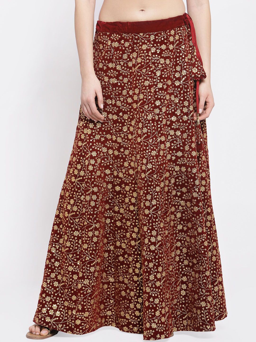 studio rasa Women Maroon & Gold Coloured Embroidered Flared Maxi Skirt