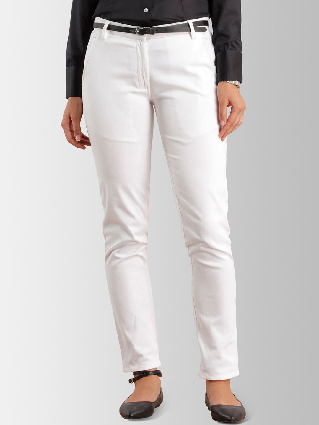 FableStreet Women White Slim Fit Solid Formal Trousers