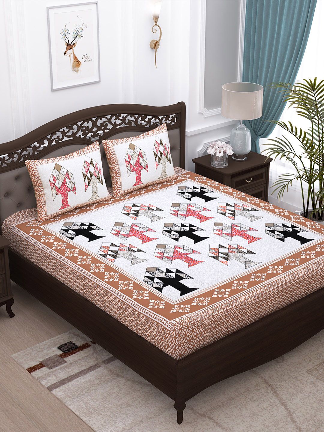 Story@home White & Brown Geometric 152 TC Cotton 1  King Bedsheet with 2 Pillow Covers Price in India
