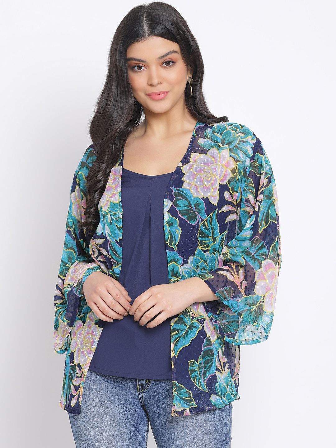 Oxolloxo Women Blue & Pink Printed Open Front Shrug Price in India