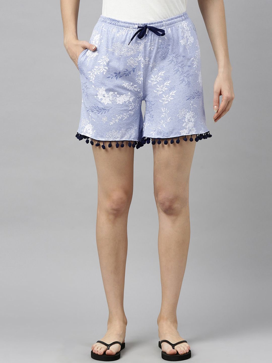 Kryptic Women Blue & White Floral Printed Cotton Lounge Shorts Price in India