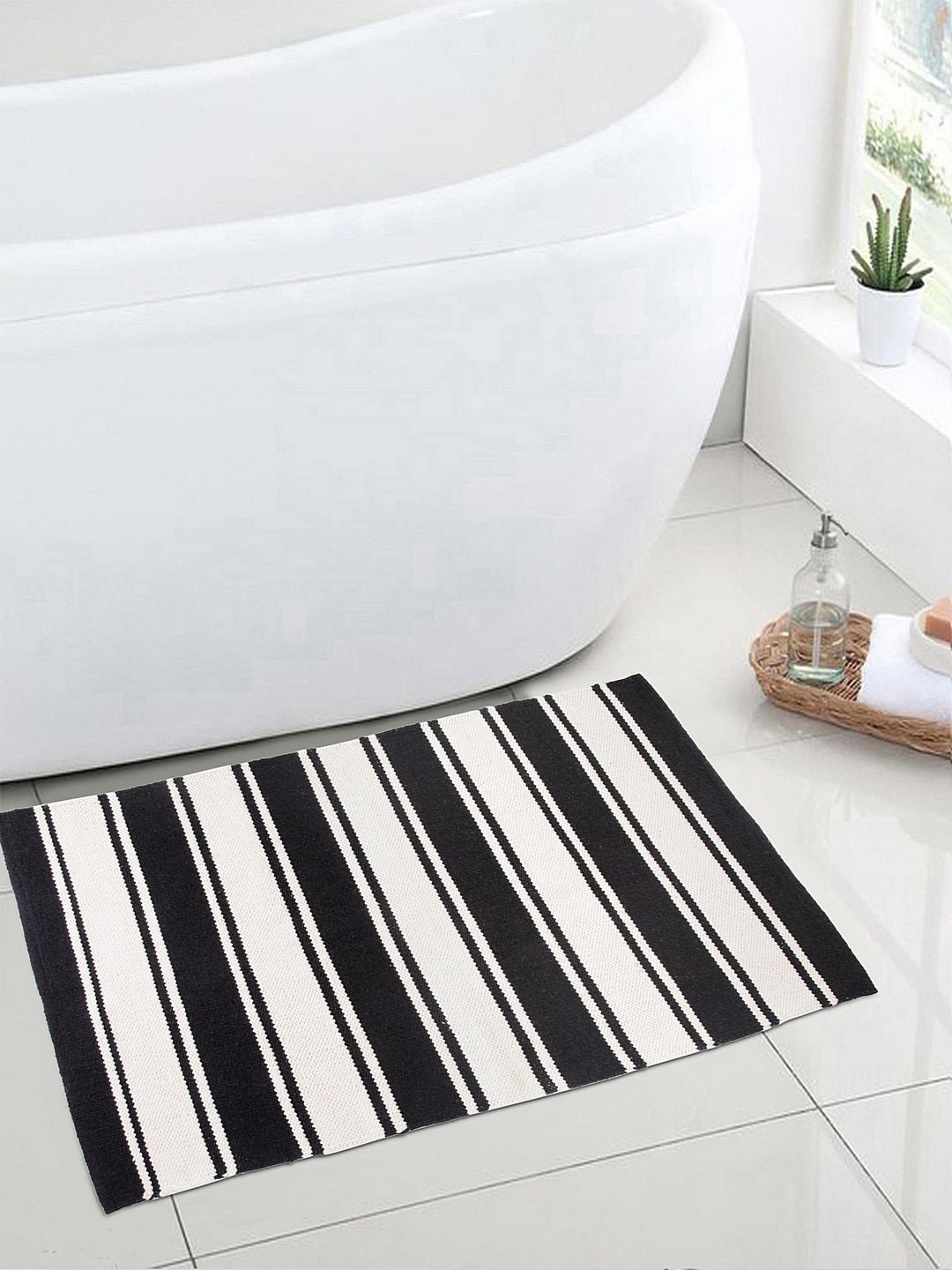 BLANC9 Black & Off-White Striped Cotton Floor Mat Price in India