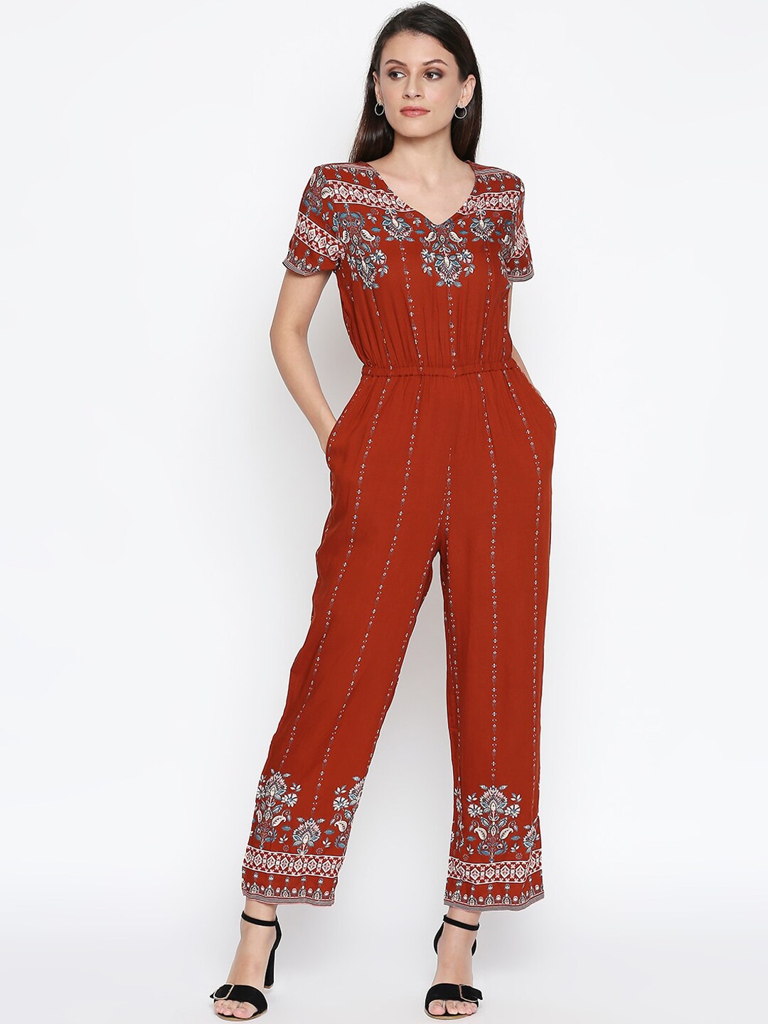 People Women Rust & White Printed Basic Jumpsuit Price in India