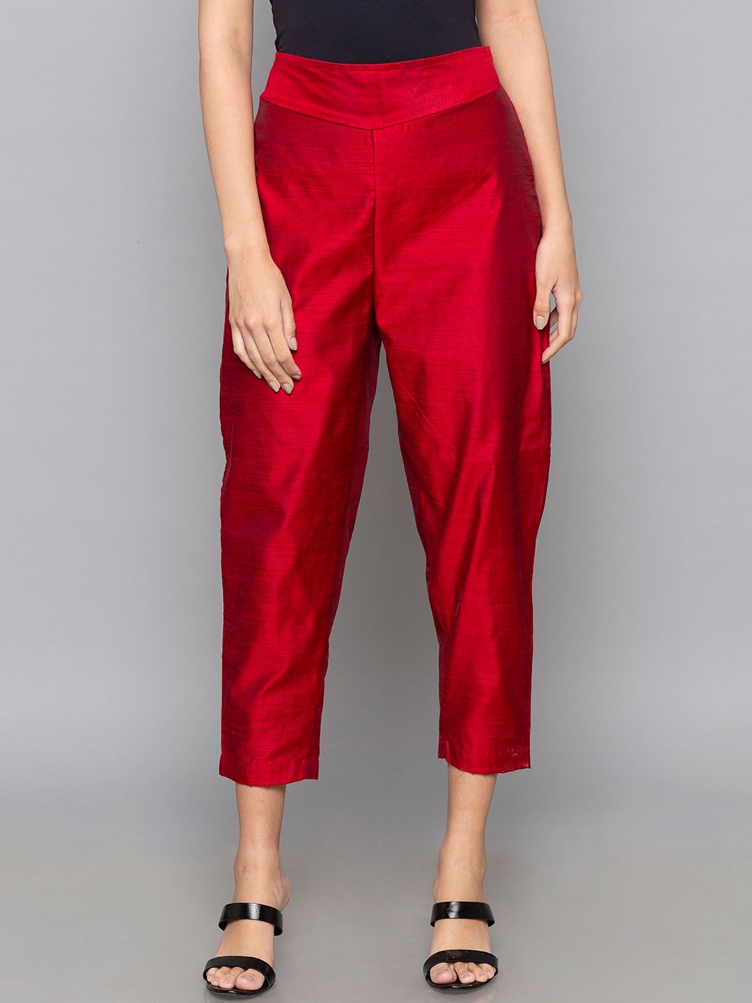 Desi Weavess Women Red Regular Fit Solid Regular Trousers Price in India