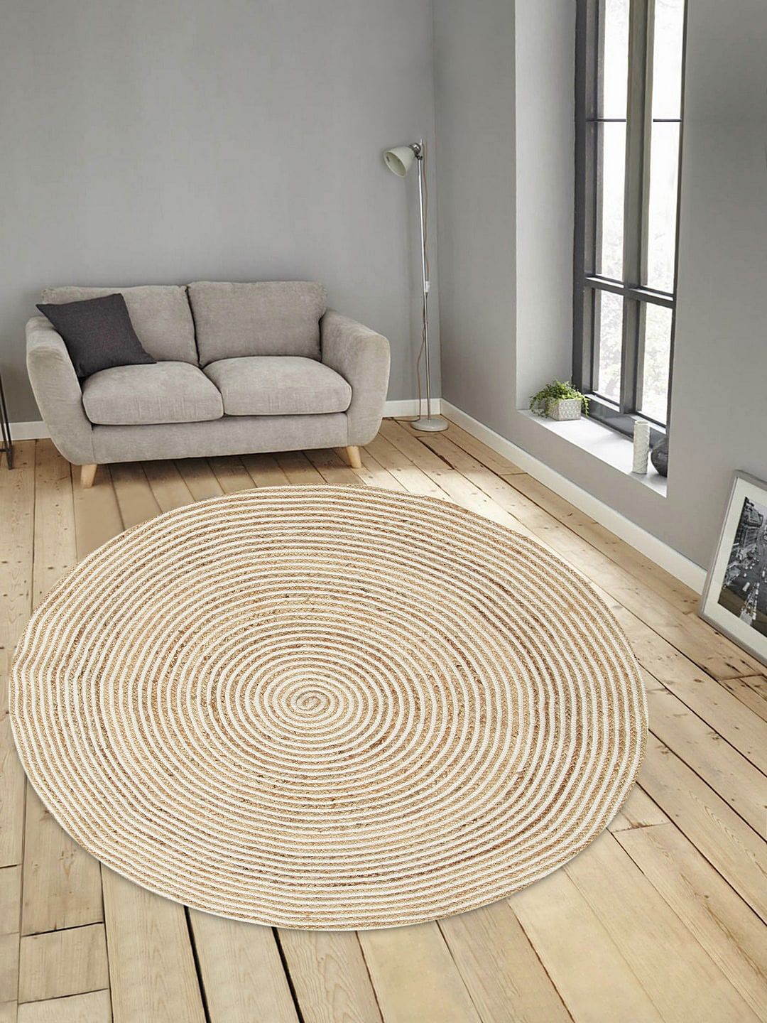 BLANC9 Beige & White Woven-Design Round Cotton Floor Mat Price in India