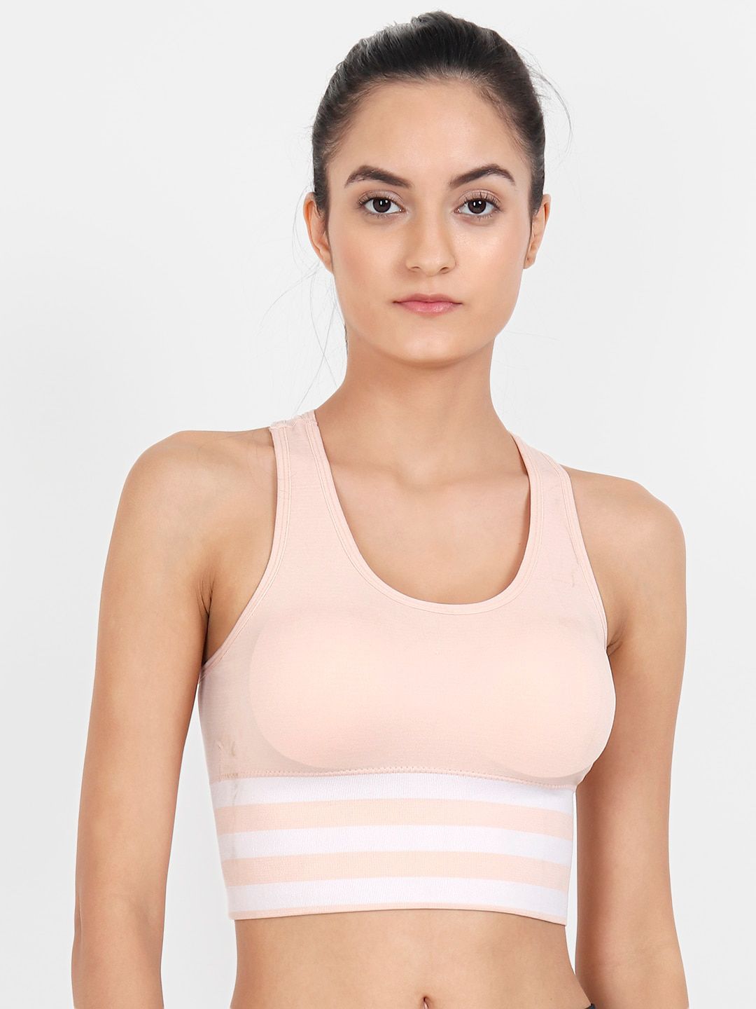 Lebami Pink & White Solid Removable Padding Workout Bra Stripes Bra Pink_30C Price in India