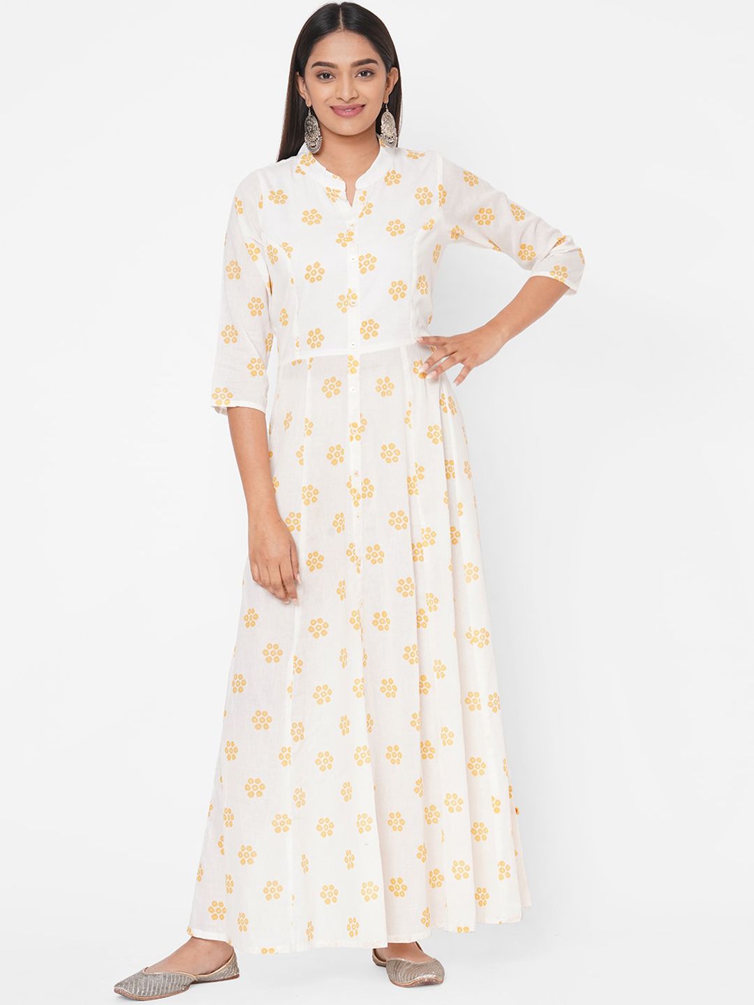 Vedic Women Yellow & White Printed Maxi Dress