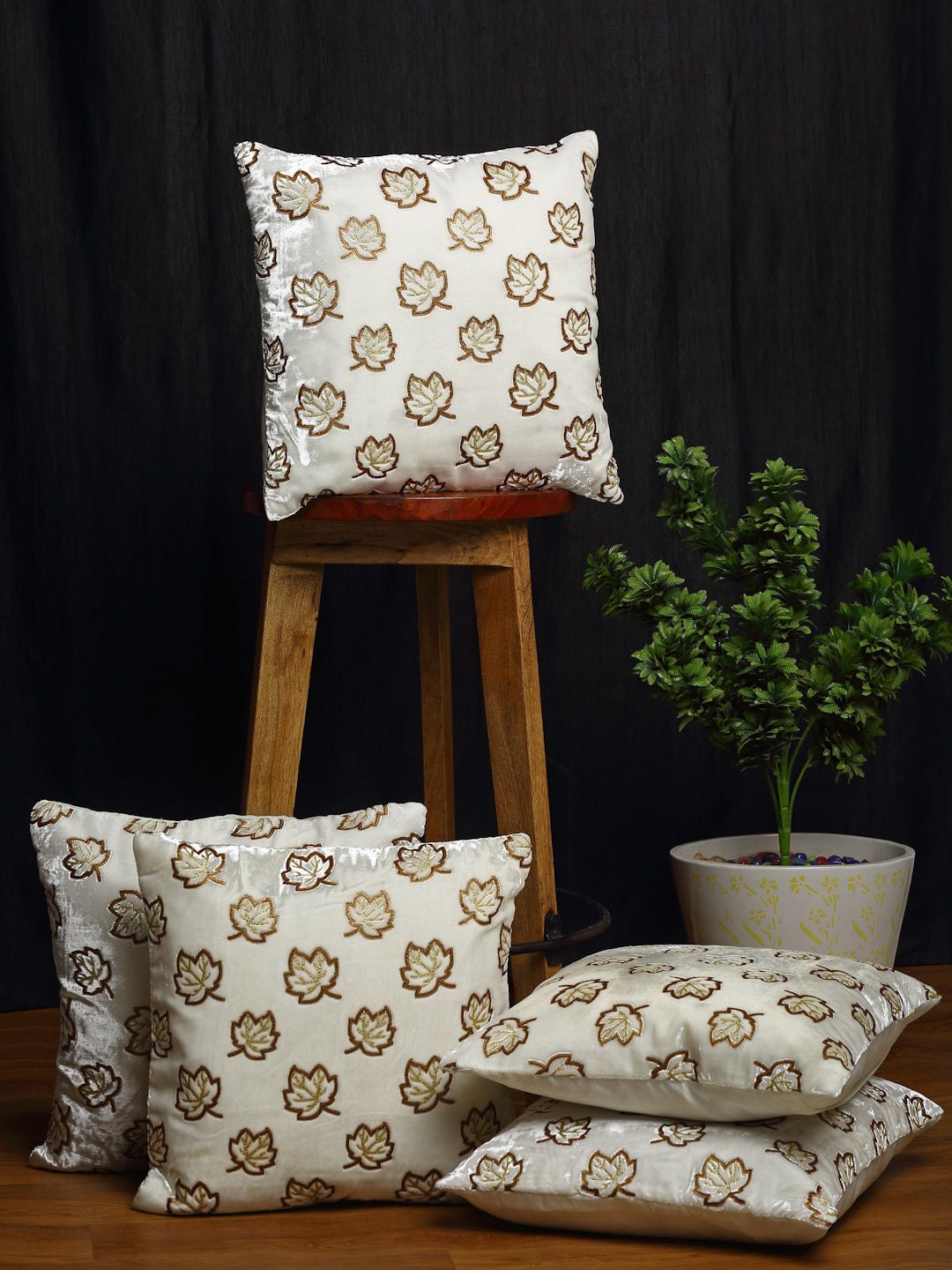 HOSTA HOMES Set Of 5 Off-White & Brown Embroidered Square Velvet Cushion Covers Price in India