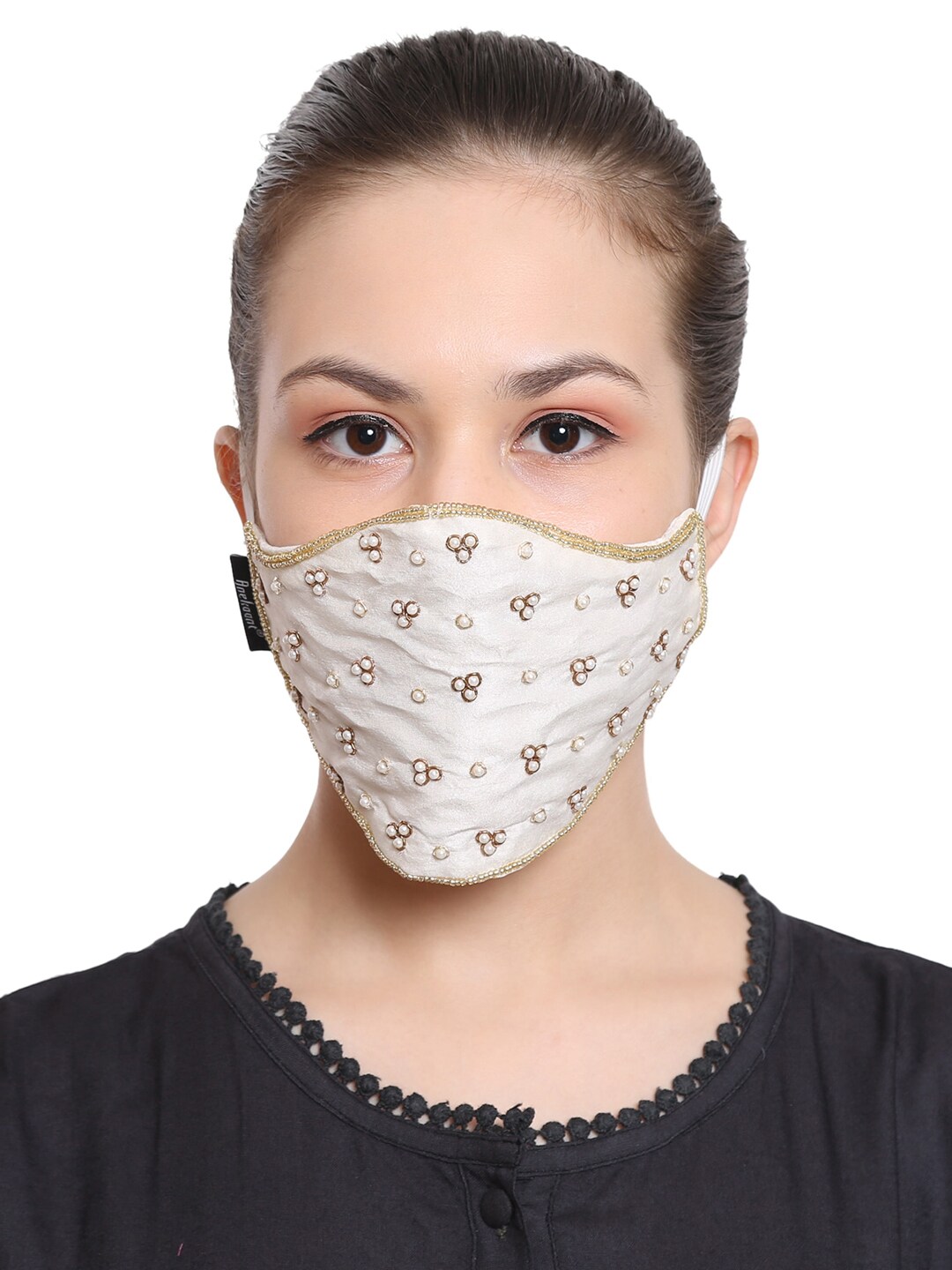 Anekaant Women White & Gold-Coloured Embellished 3-Ply Reusable Cloth Mask Price in India