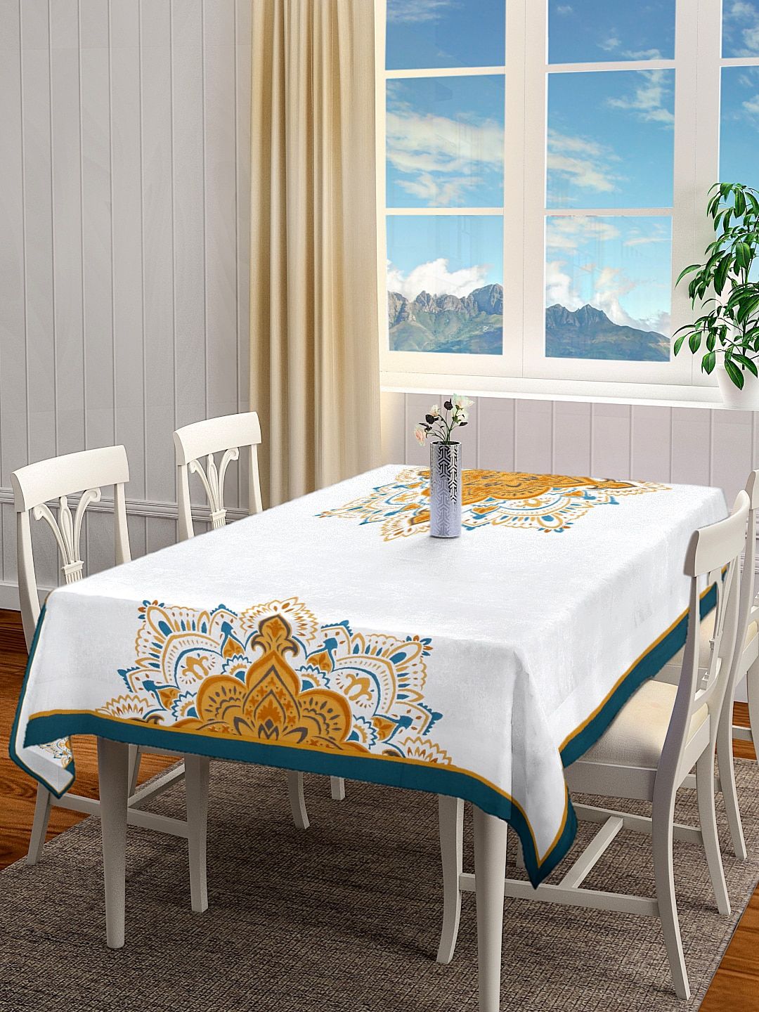 BLANC9 White & Teal Blue Ethnic Motifs Printed Rectangular Cotton Table Cloth Price in India