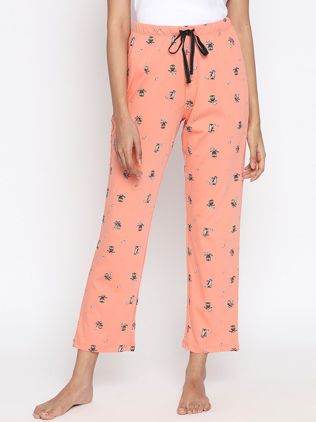 Dreamz by Pantaloons Women Peach-Coloured & Black Printed Pure Cotton Cropped Lounge Pants Price in India